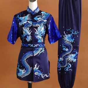 Custom size chinese kung fu tai chi clothing Sequins embroidered dragon changquan navy martial arts uniforms adult youth competition clothes student exam wear